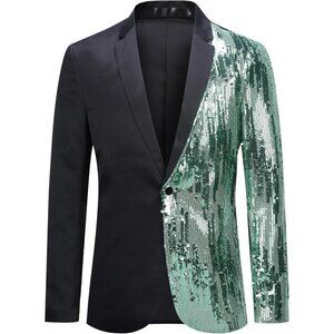 Men's Colorblocking Sequin - Green Stylish Dinner Tux Dress Blazer Slim Fit Coat